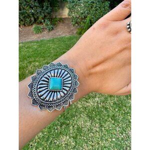TURQUOISE! Large Concho Bracelet Bangle Burnished Silver